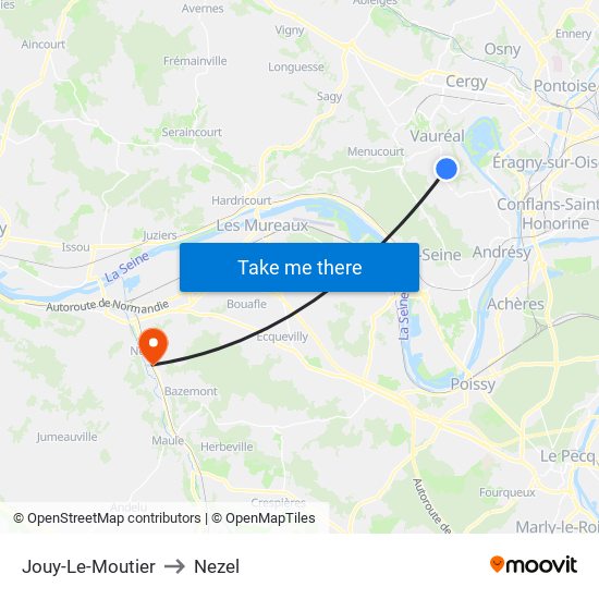 Jouy-Le-Moutier to Nezel map
