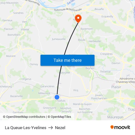 La Queue-Les-Yvelines to Nezel map