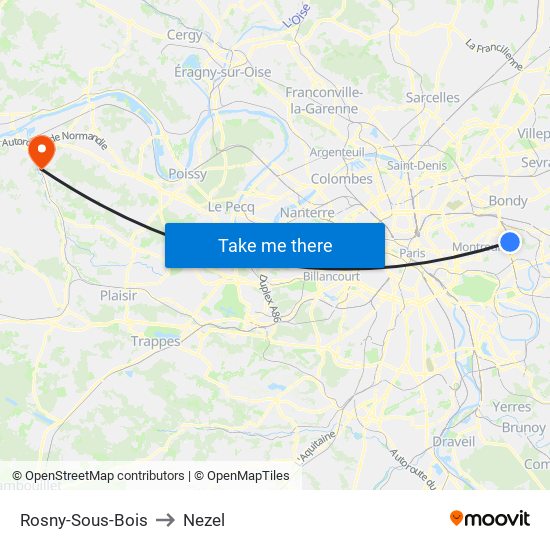 Rosny-Sous-Bois to Nezel map