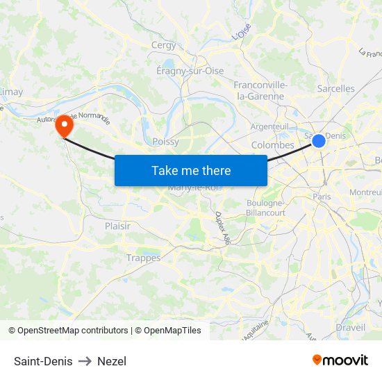 Saint-Denis to Nezel map