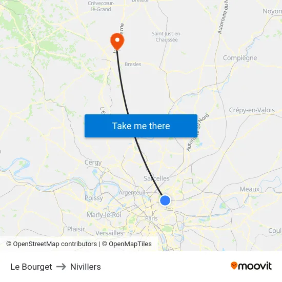 Le Bourget to Nivillers map