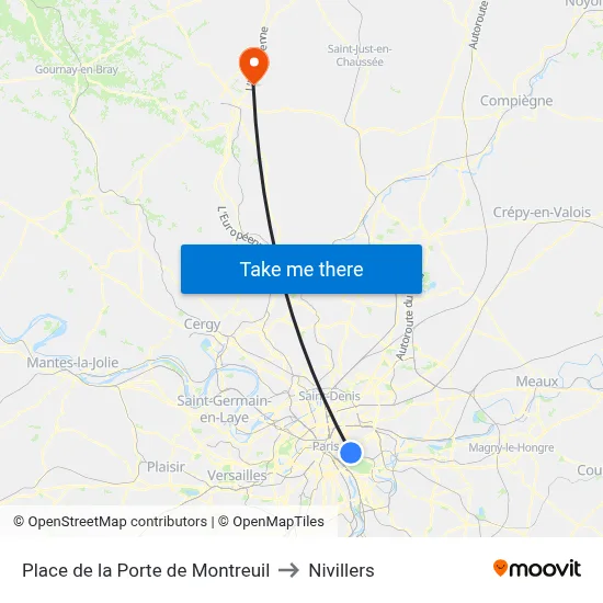 Place de la Porte de Montreuil to Nivillers map