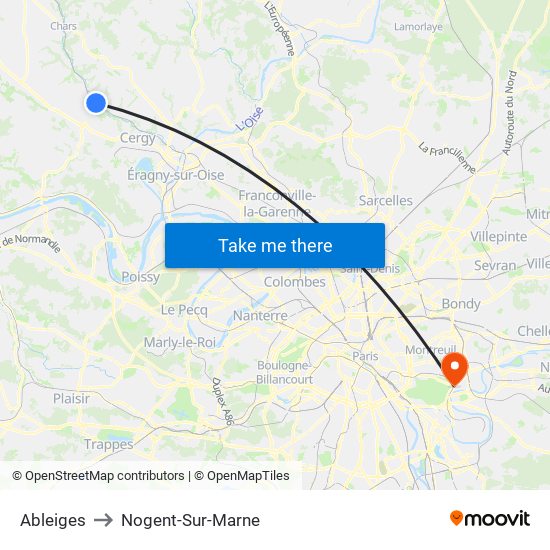 Ableiges to Nogent-Sur-Marne map