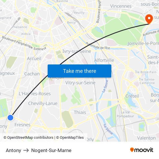 Antony to Nogent-Sur-Marne map