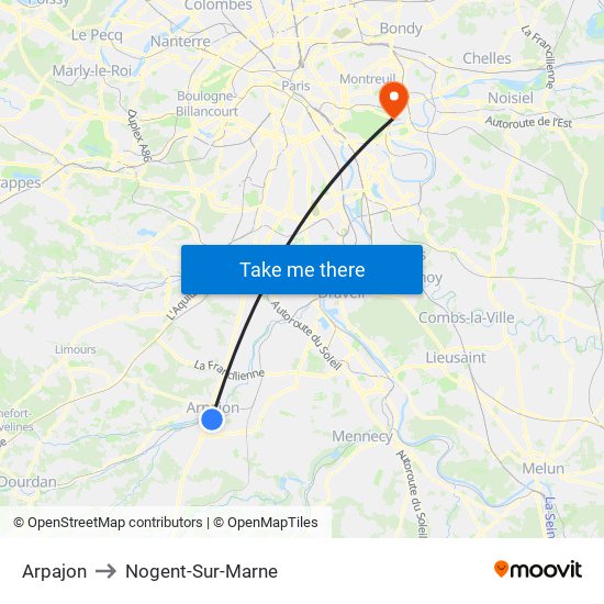 Arpajon to Nogent-Sur-Marne map
