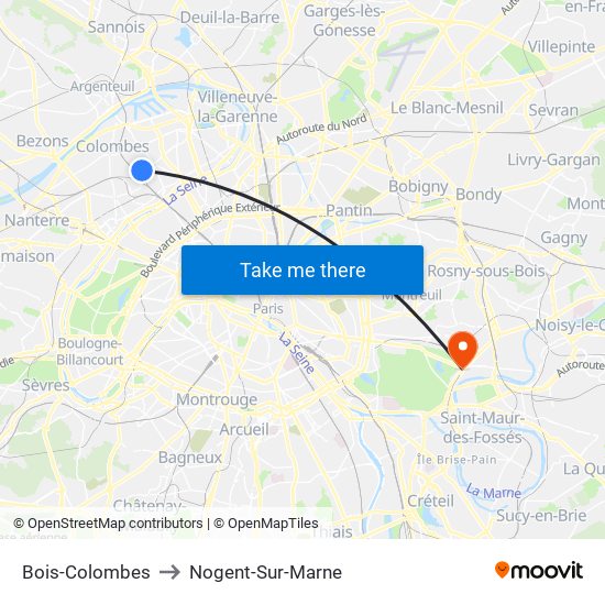 Bois-Colombes to Nogent-Sur-Marne map