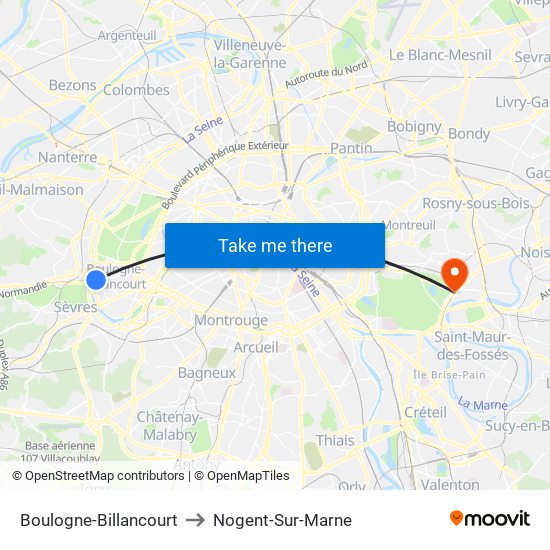 Boulogne-Billancourt to Nogent-Sur-Marne map