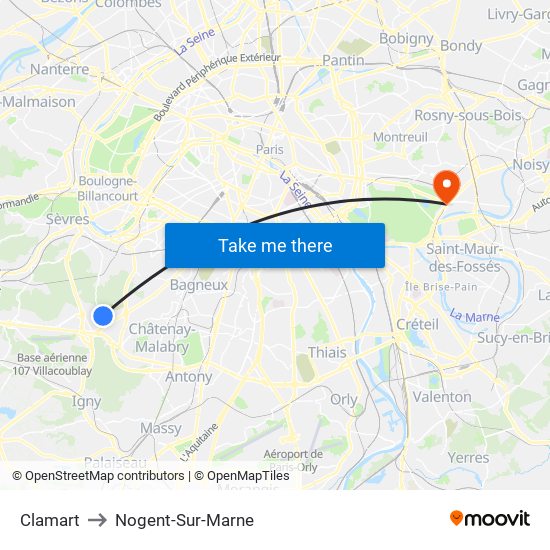 Clamart to Nogent-Sur-Marne map