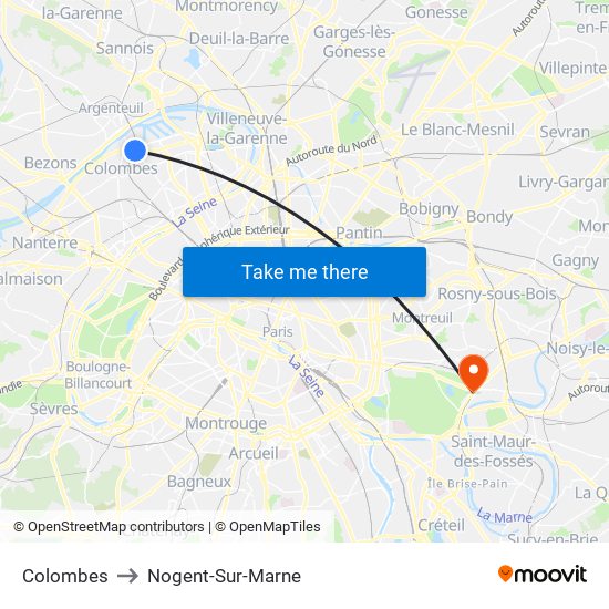 Colombes to Nogent-Sur-Marne map