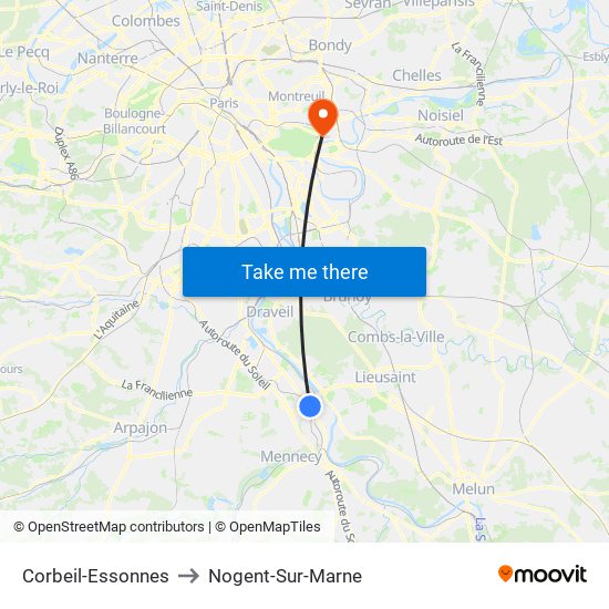 Corbeil-Essonnes to Nogent-Sur-Marne map