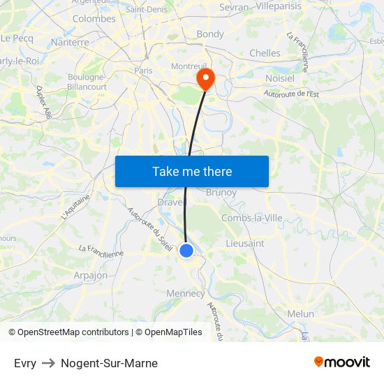 Evry to Nogent-Sur-Marne map