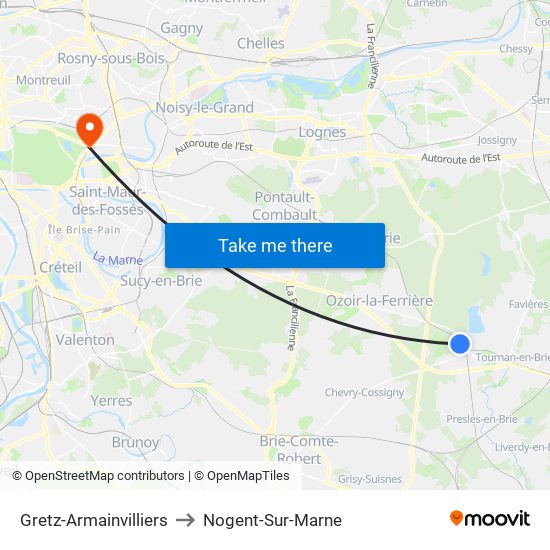 Gretz-Armainvilliers to Nogent-Sur-Marne map