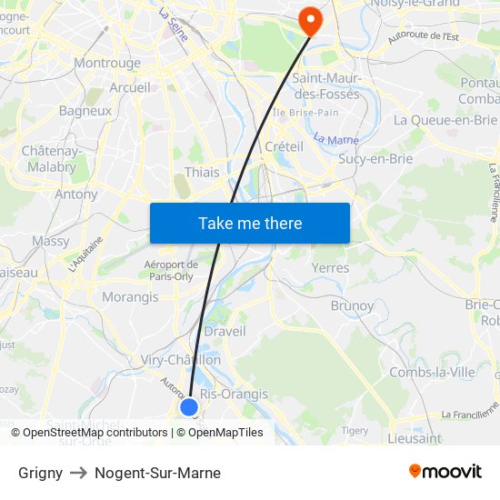 Grigny to Nogent-Sur-Marne map