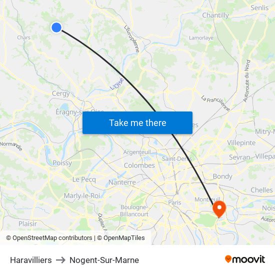 Haravilliers to Nogent-Sur-Marne map