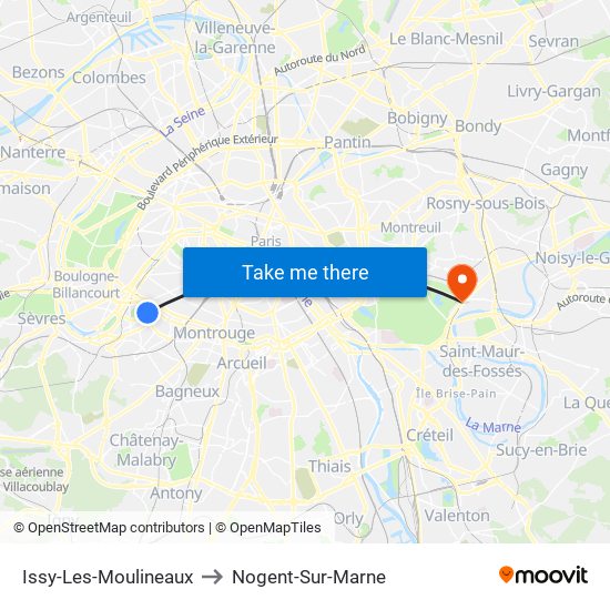 Issy-Les-Moulineaux to Nogent-Sur-Marne map