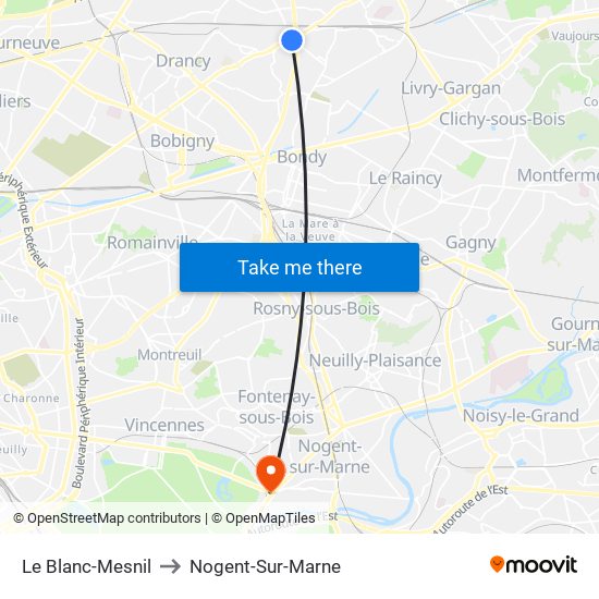 Le Blanc-Mesnil to Nogent-Sur-Marne map