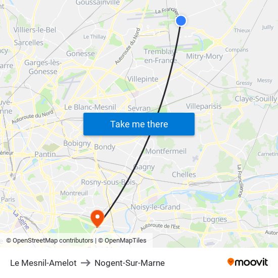 Le Mesnil-Amelot to Nogent-Sur-Marne map