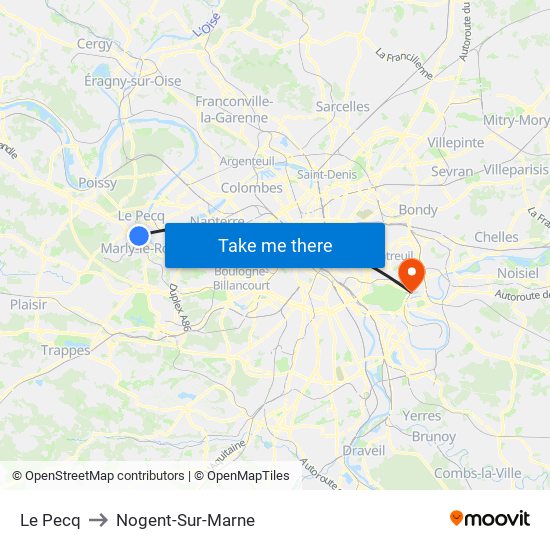 Le Pecq to Nogent-Sur-Marne map