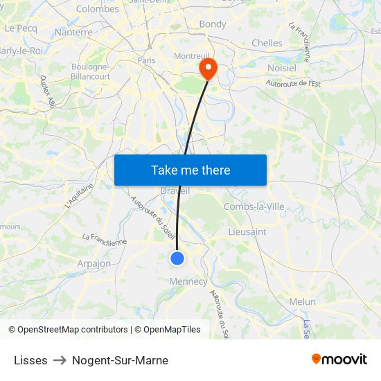 Lisses to Nogent-Sur-Marne map