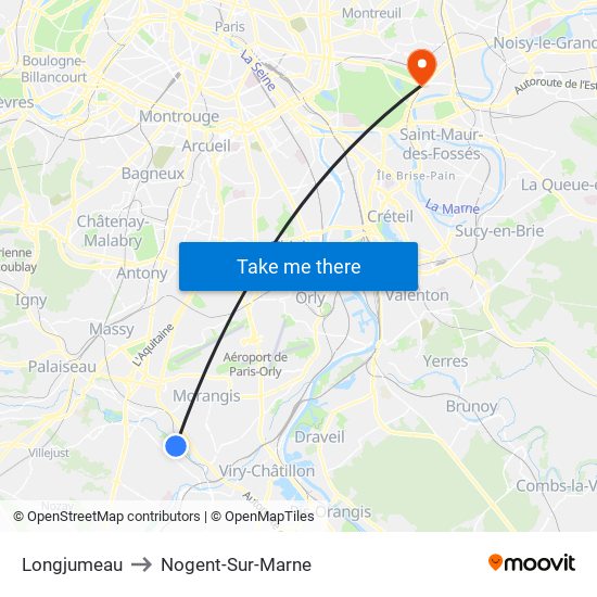 Longjumeau to Nogent-Sur-Marne map