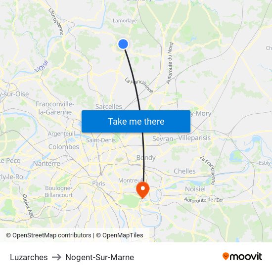 Luzarches to Nogent-Sur-Marne map