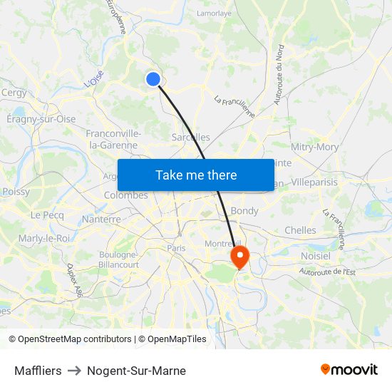 Maffliers to Nogent-Sur-Marne map
