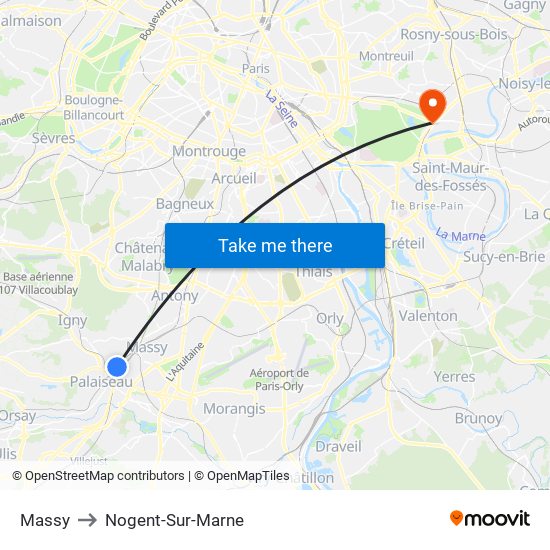 Massy to Nogent-Sur-Marne map