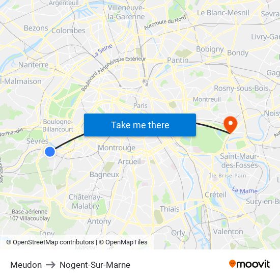 Meudon to Nogent-Sur-Marne map