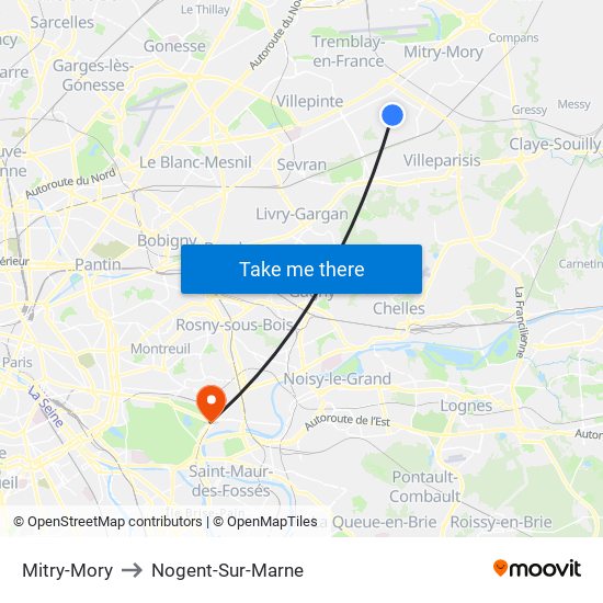 Mitry-Mory to Nogent-Sur-Marne map