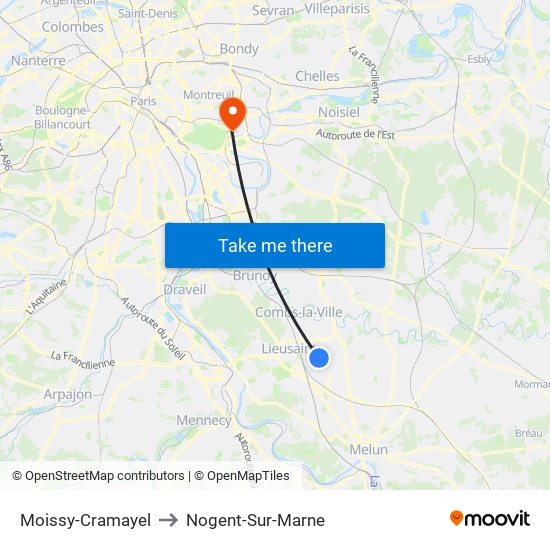 Moissy-Cramayel to Nogent-Sur-Marne map