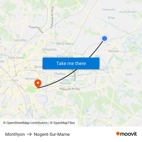 Monthyon to Nogent-Sur-Marne map