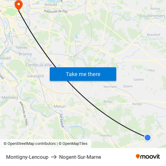 Montigny-Lencoup to Nogent-Sur-Marne map