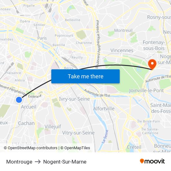 Montrouge to Nogent-Sur-Marne map