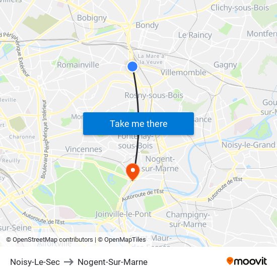 Noisy-Le-Sec to Nogent-Sur-Marne map