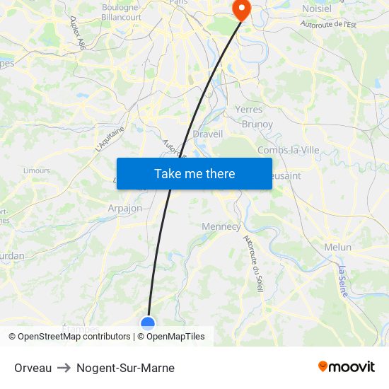 Orveau to Nogent-Sur-Marne map