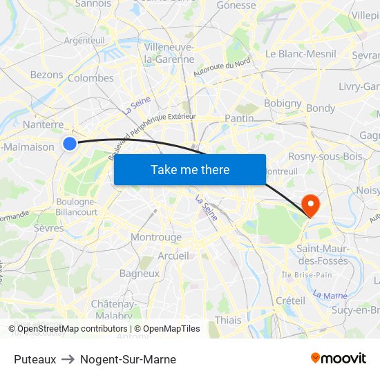 Puteaux to Nogent-Sur-Marne map