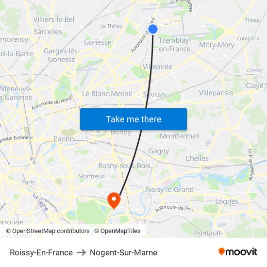 Roissy-En-France to Nogent-Sur-Marne map