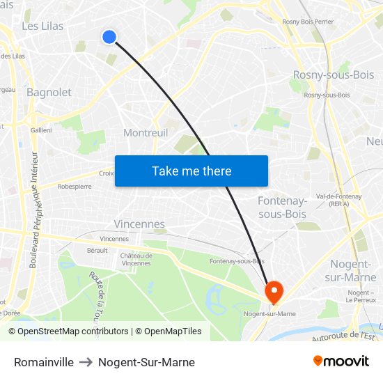 Romainville to Nogent-Sur-Marne map