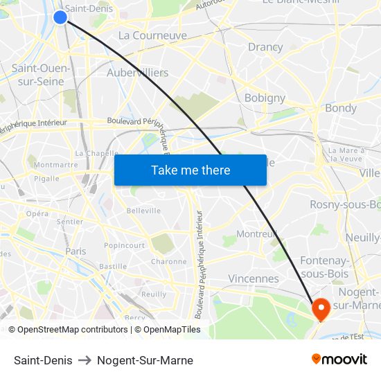 Saint-Denis to Nogent-Sur-Marne map