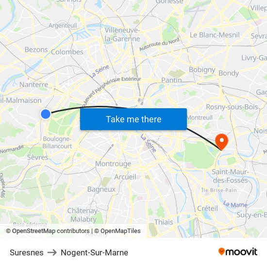 Suresnes to Nogent-Sur-Marne map