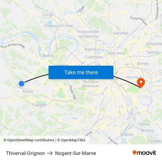 Thiverval-Grignon to Nogent-Sur-Marne map