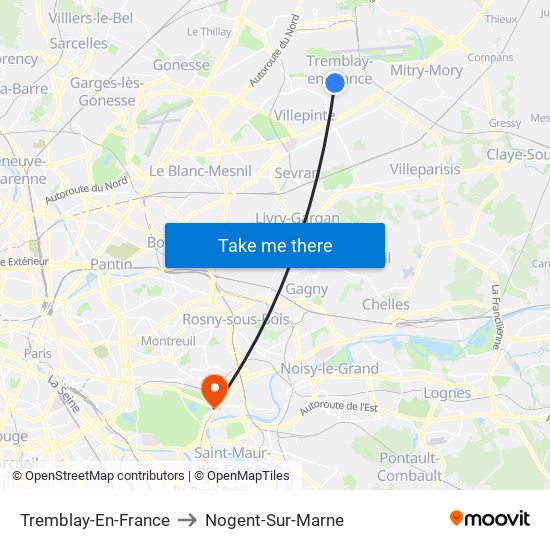 Tremblay-En-France to Nogent-Sur-Marne map