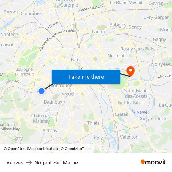 Vanves to Nogent-Sur-Marne map