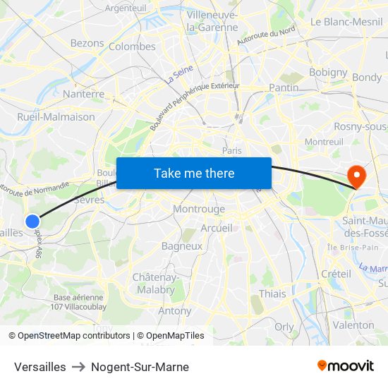 Versailles to Nogent-Sur-Marne map