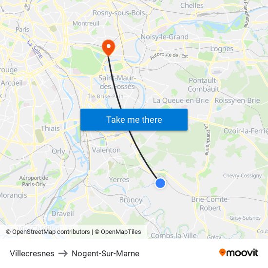 Villecresnes to Nogent-Sur-Marne map