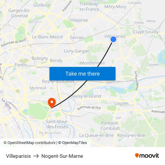 Villeparisis to Nogent-Sur-Marne map