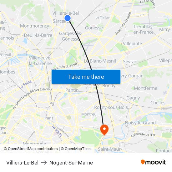 Villiers-Le-Bel to Nogent-Sur-Marne map