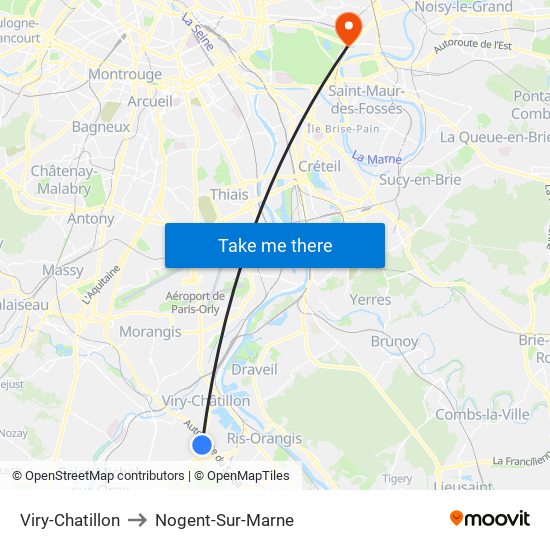 Viry-Chatillon to Nogent-Sur-Marne map