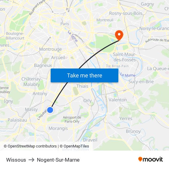 Wissous to Nogent-Sur-Marne map
