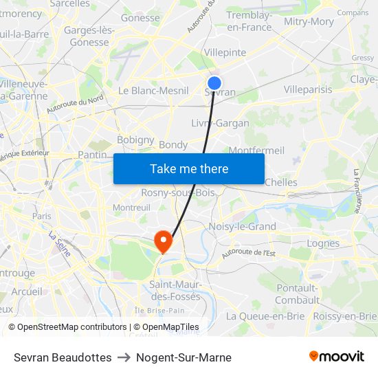 Sevran Beaudottes to Nogent-Sur-Marne map